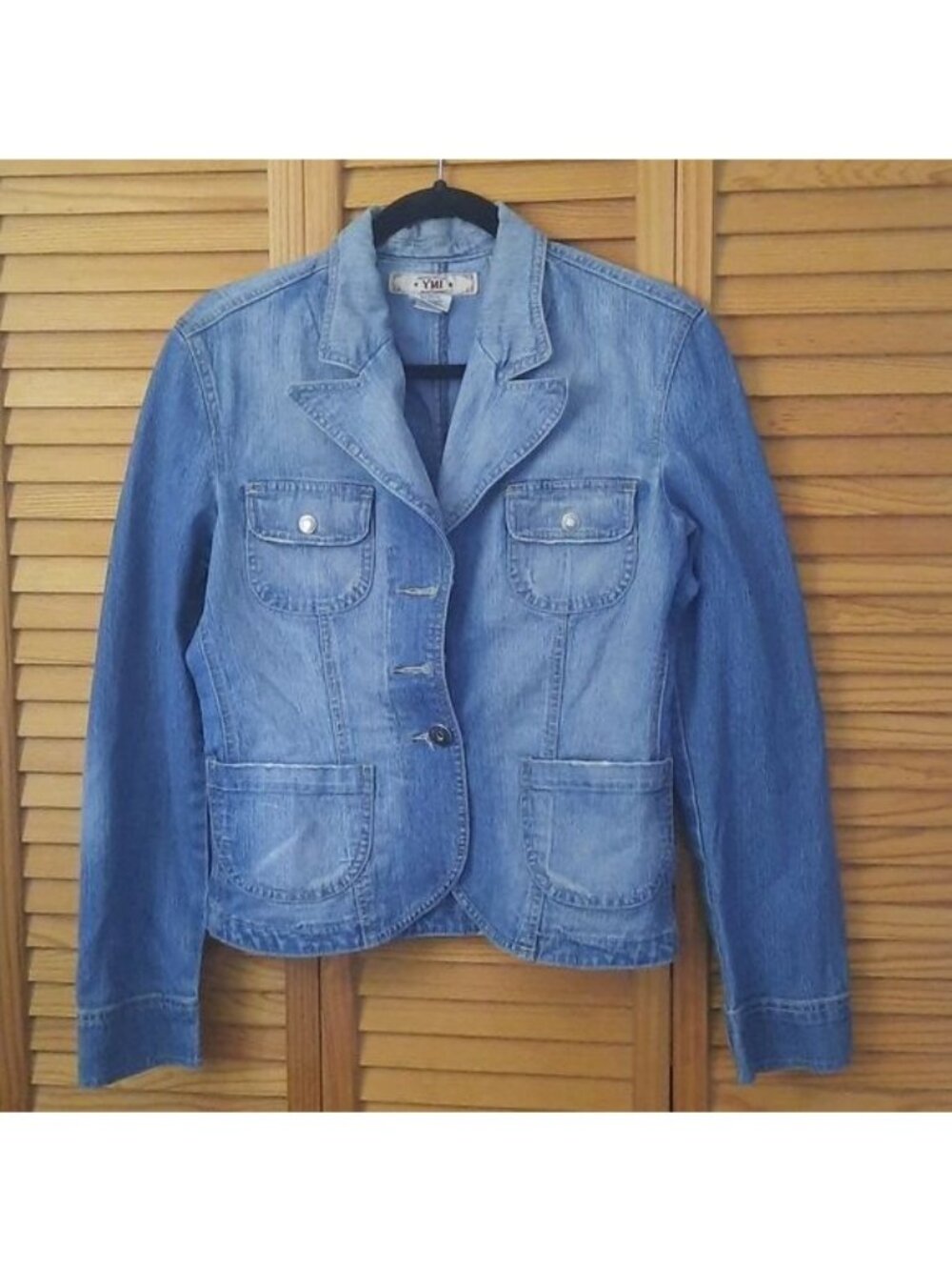 YMI Distressed Wash Notch Lapel Y2K Denim Jean Jacket Utility Blazer Size M